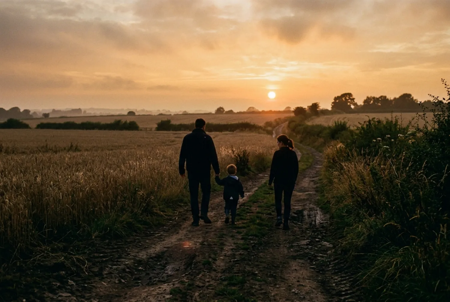 Drei Personen gehen im Gegenlicht einen Feldweg entlang
