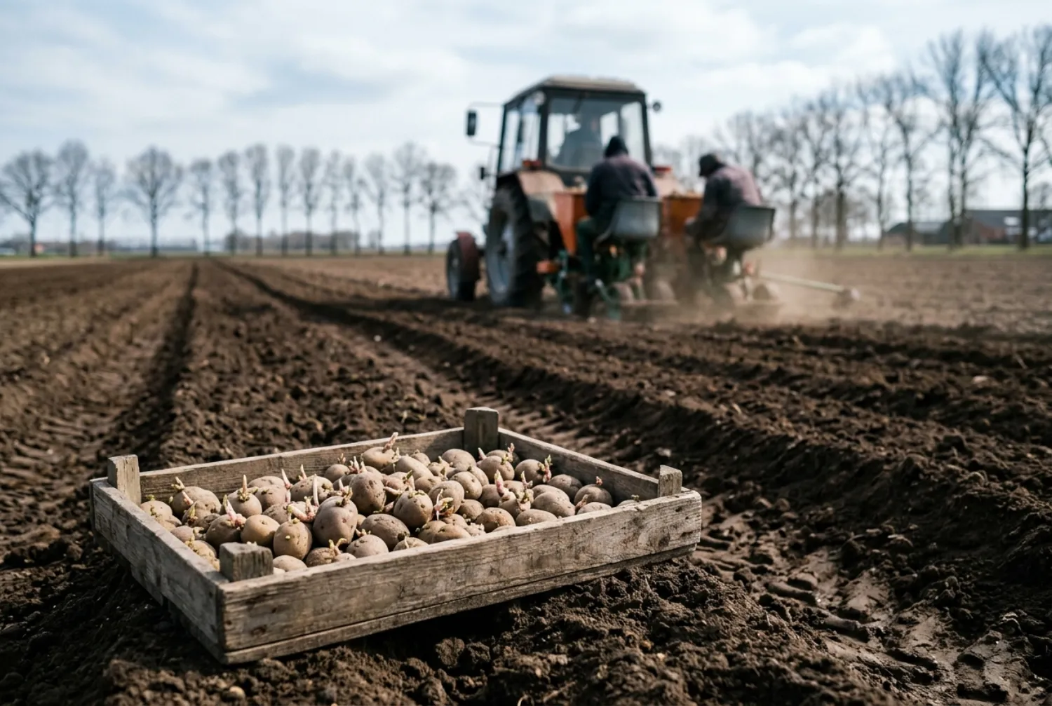 Vorgekeimte Saatkartoffeln in einer Holzkiste am Feldrand