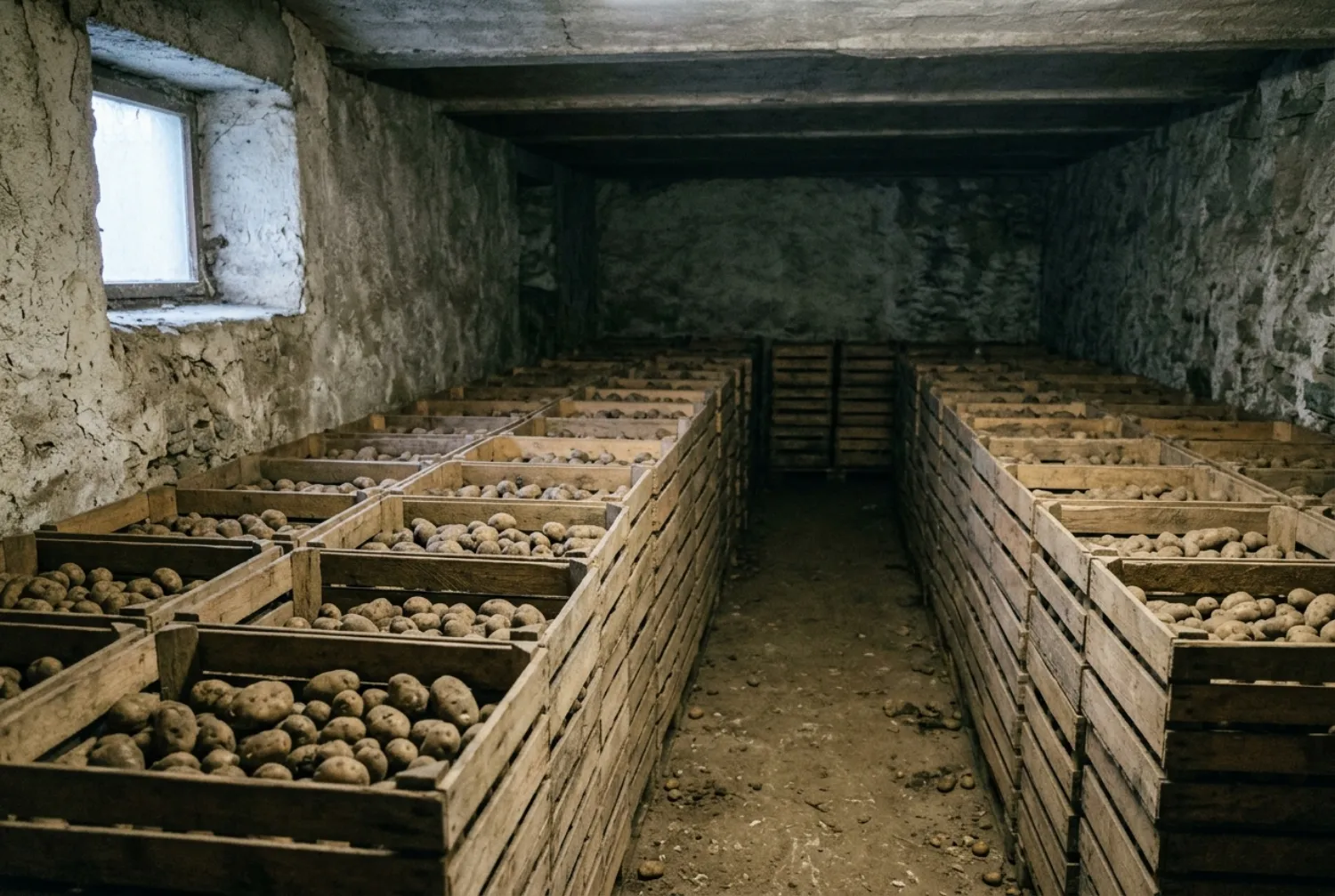 Erdäpfelkisten im kühlen Lagerraum