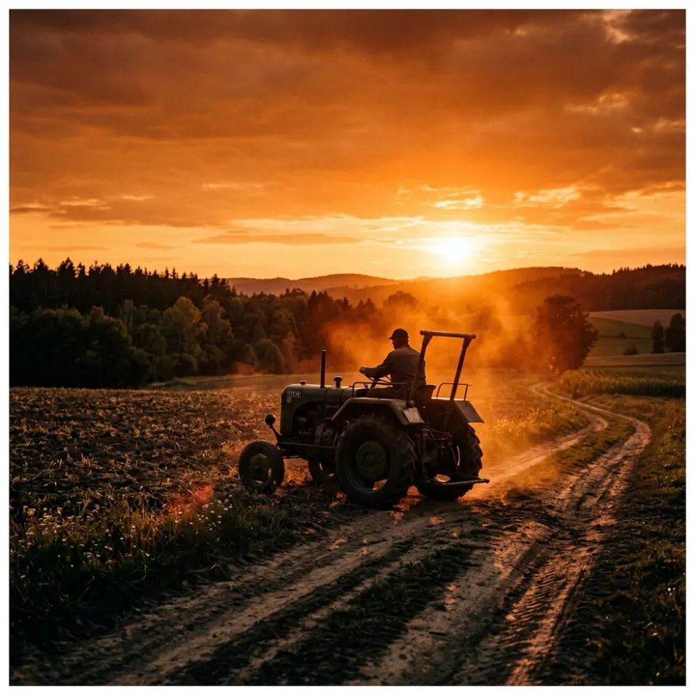 Traktor im Gegenlicht bei Sonnenuntergang