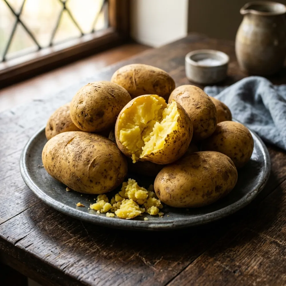 Mehlige Bio-Erdäpfel der Sorte Agria mit tiefgelbem Fleisch