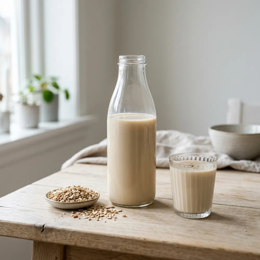Flasche mit Getreidedrink neben Urgetreidekörnern
