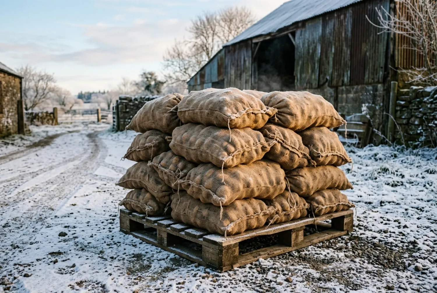 Gestapelte Erdäpfelsäcke auf einer Palette im Hof an einem Wintermorgen